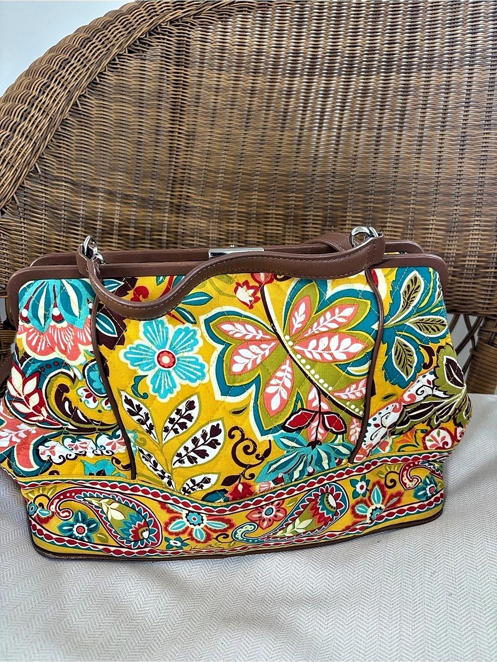 Vintage Vera Bradley Floral Print Tote Yellow & Brown